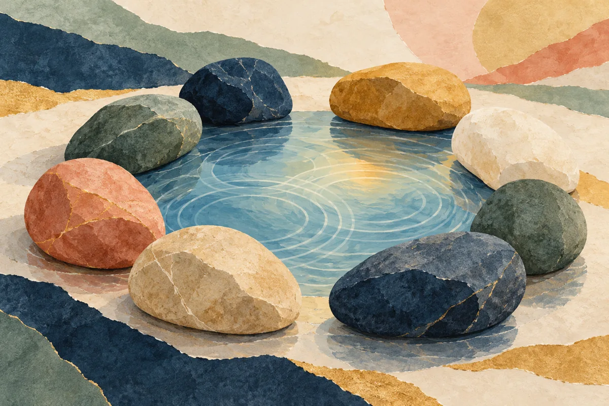 Piedras diferentes rodean un agua tranquila con ondas compartidas.