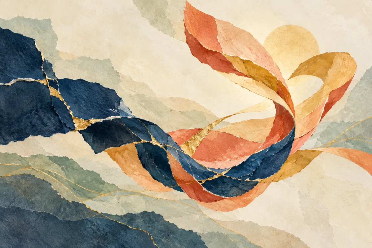 Torn paper ribbons open into flowing colour, joined by delicate golden repairs.