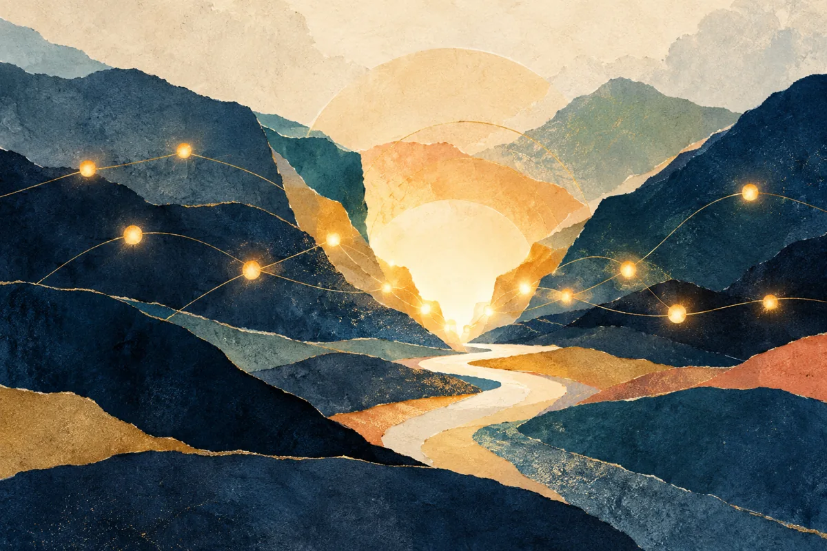 Small lights create an opening in a folded blue landscape.