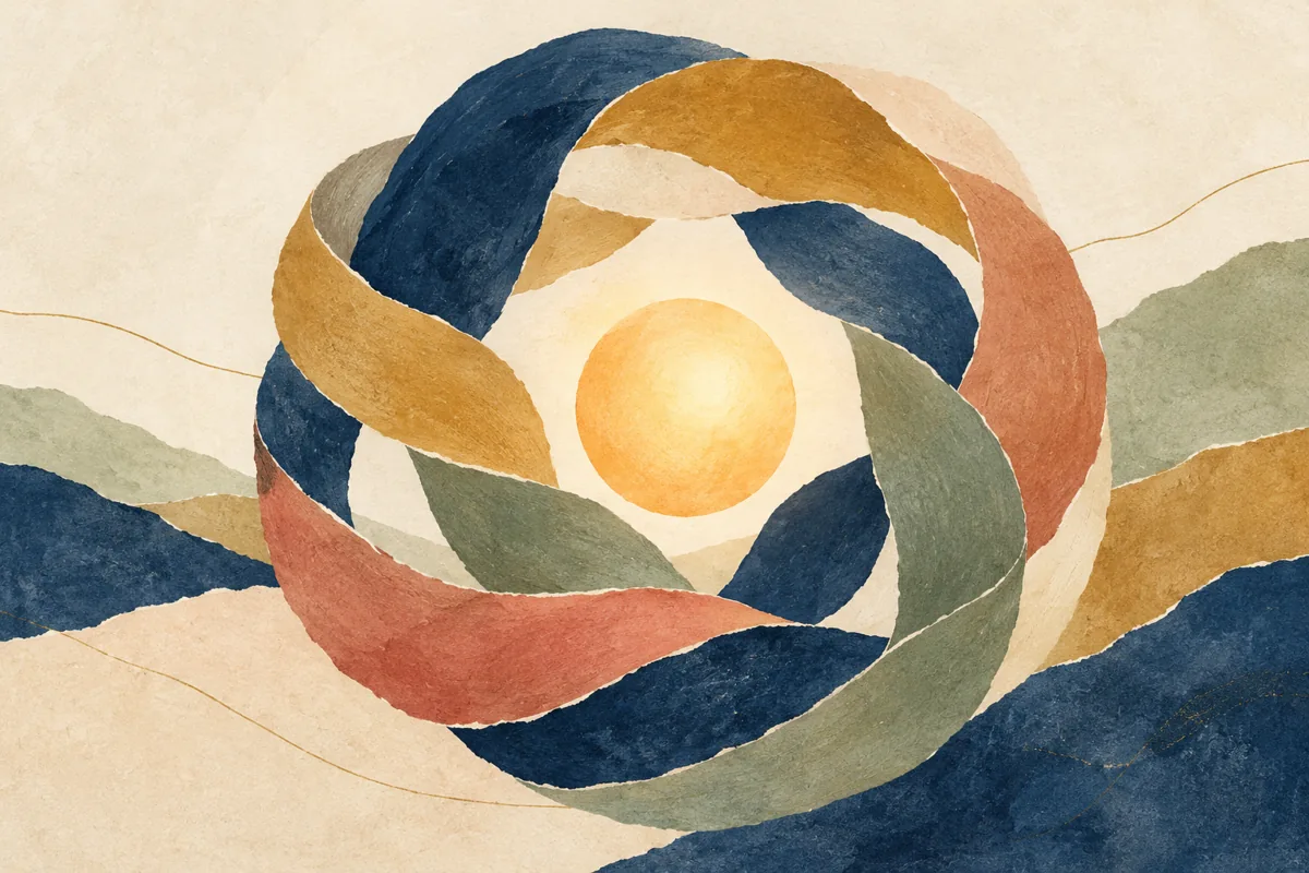 Open circles of interwoven paper hold a warm light.