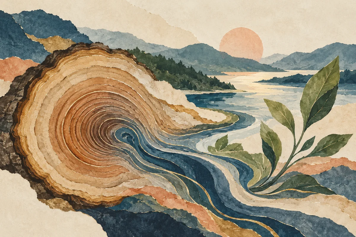 Tree rings transform into a river and new leaves.