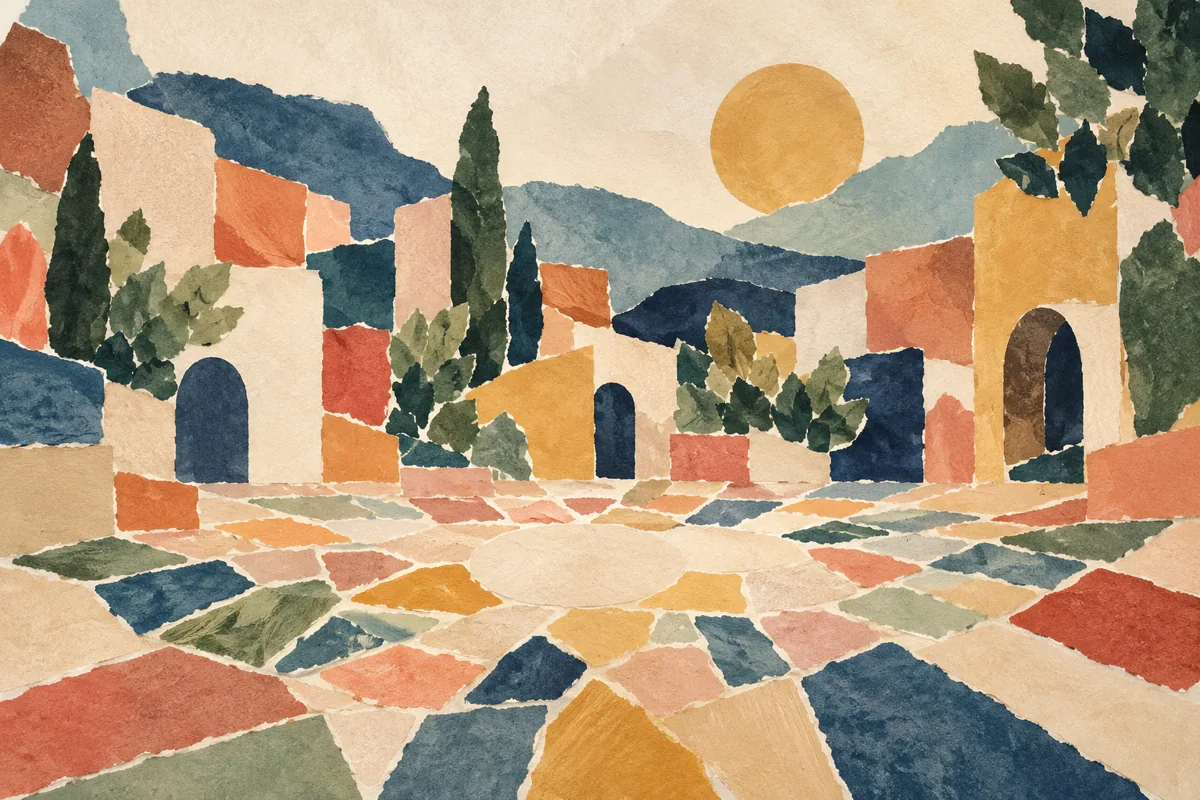Differently coloured fragments form an open mosaic.
