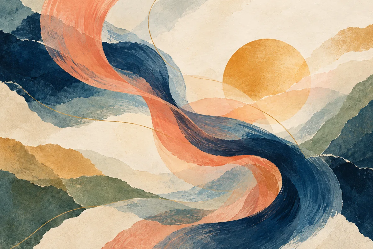 Fluid coral and blue brushstrokes move like a breath.