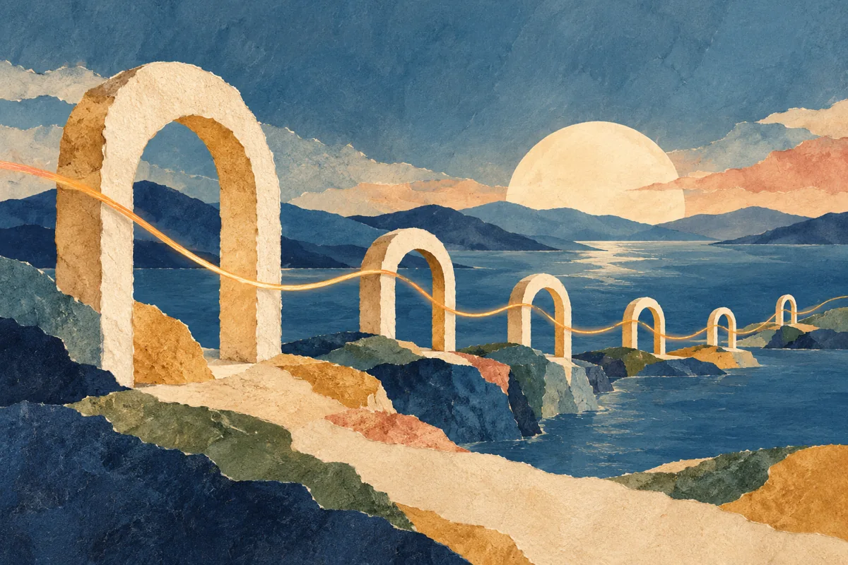 Open arches connected by a thread across a blue horizon.