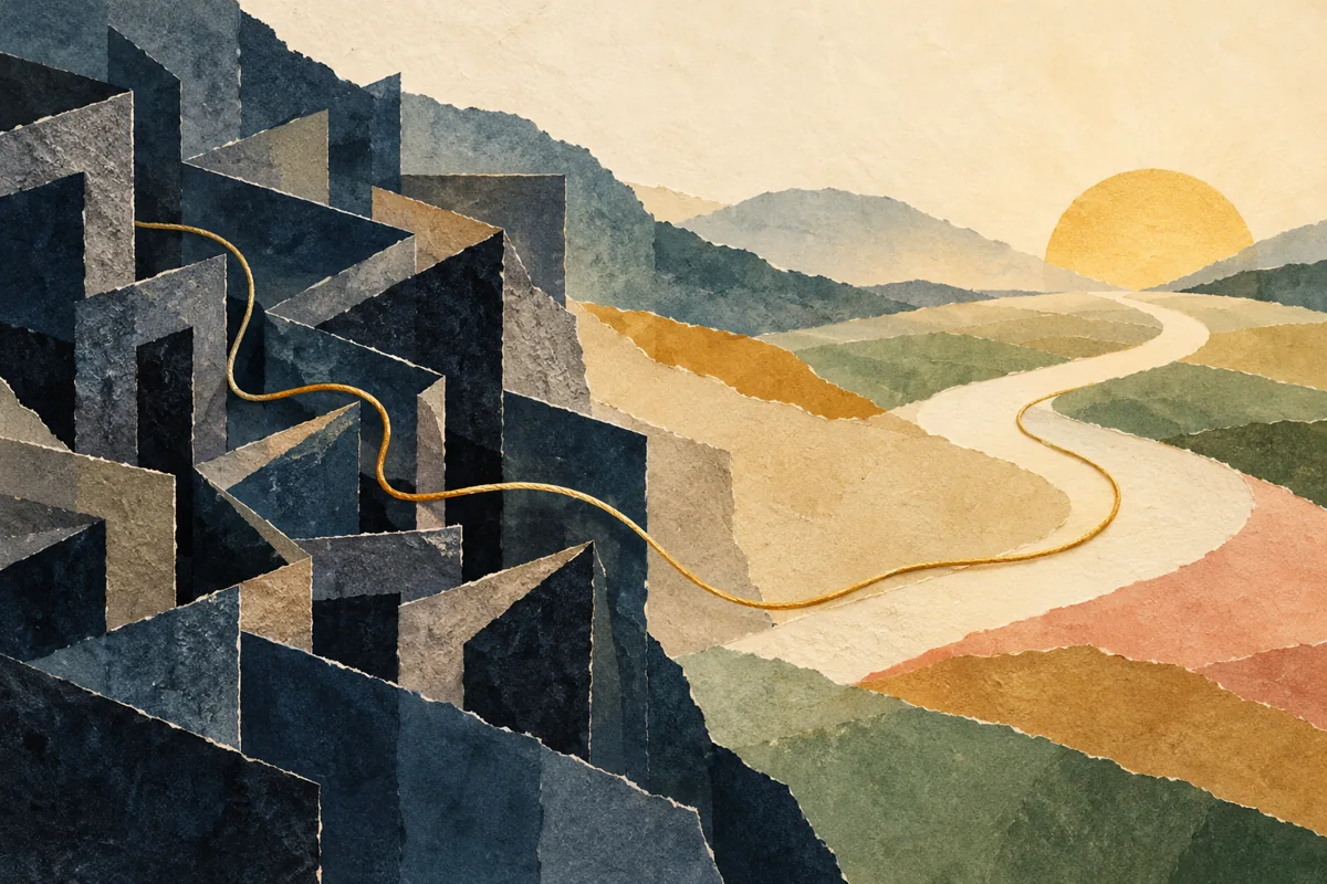 A thread leaves a labyrinth and opens towards the horizon.