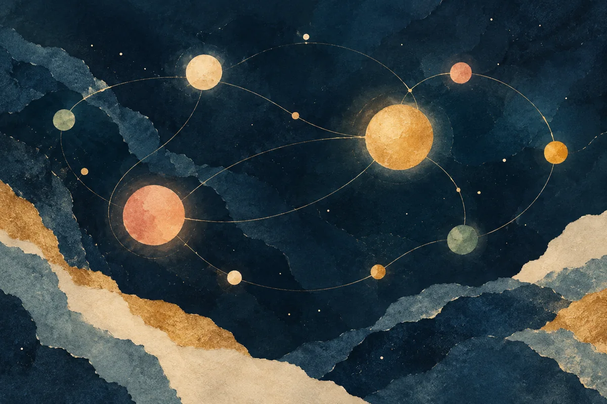 Luminous circles linked by threads, with space between their orbits.