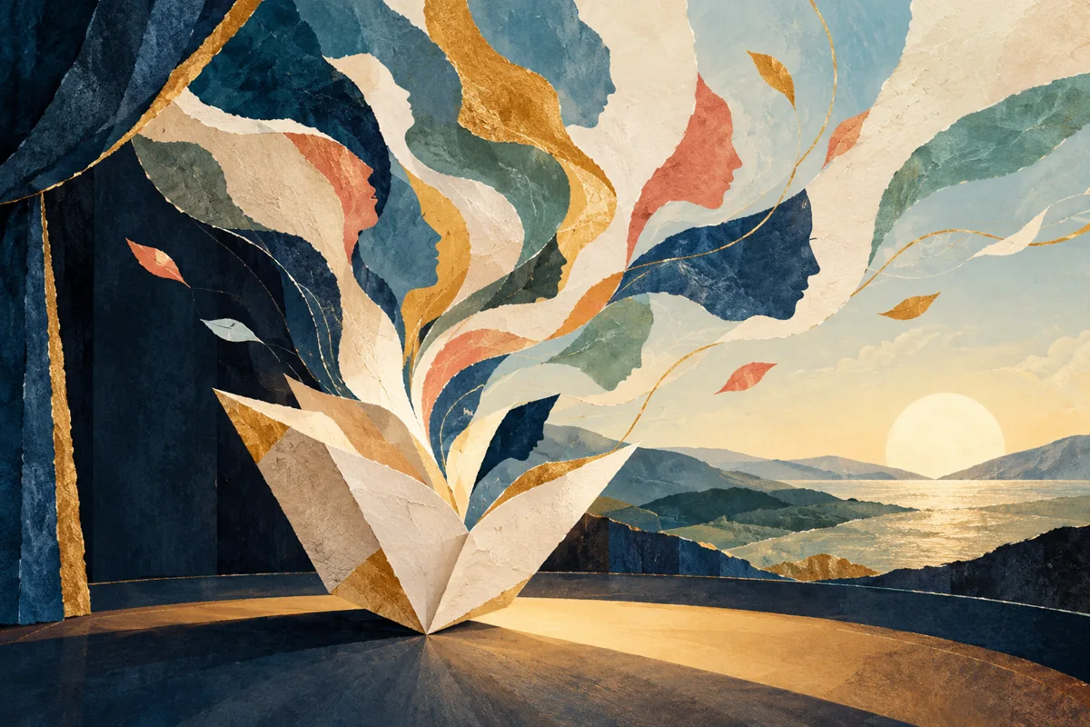 Unfolded paper becomes ribbons of light and abstract voices.