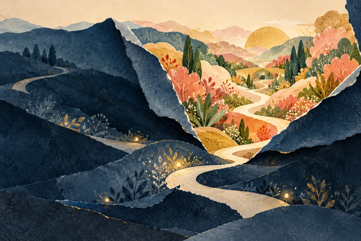 A blue paper landscape opens towards a colourful garden.