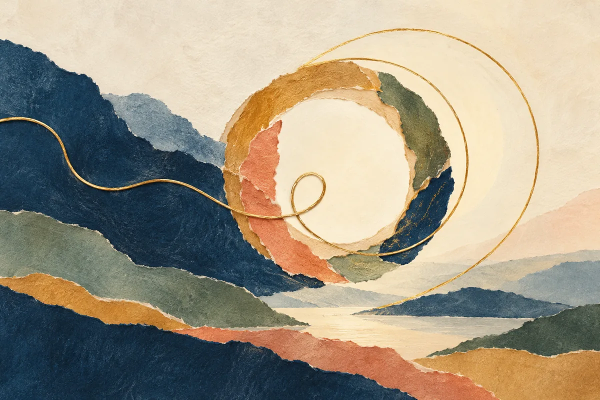 A wandering thread returns to a circle that opens to welcome it.