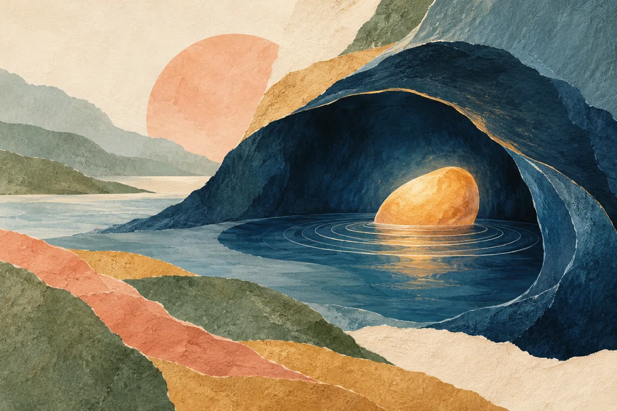 A blue cove shelters a luminous stone among gentle ripples.