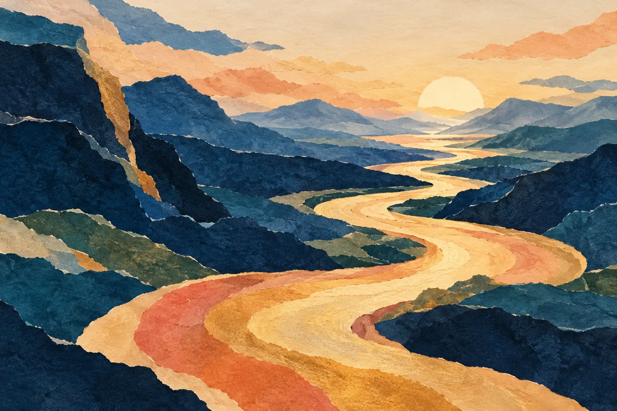 A warm-coloured river crosses an open blue paper landscape.