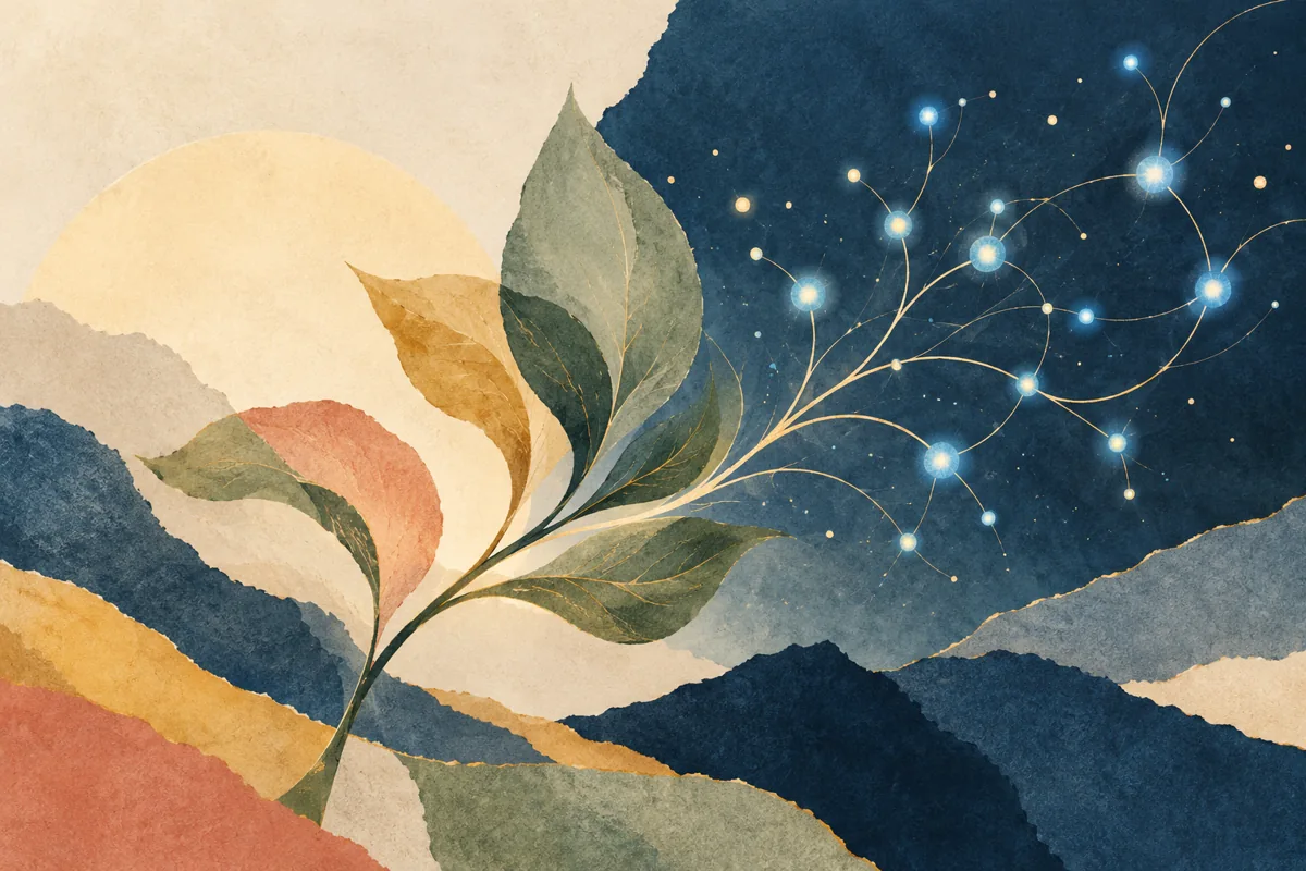 A leaf branches among small blue points of light.