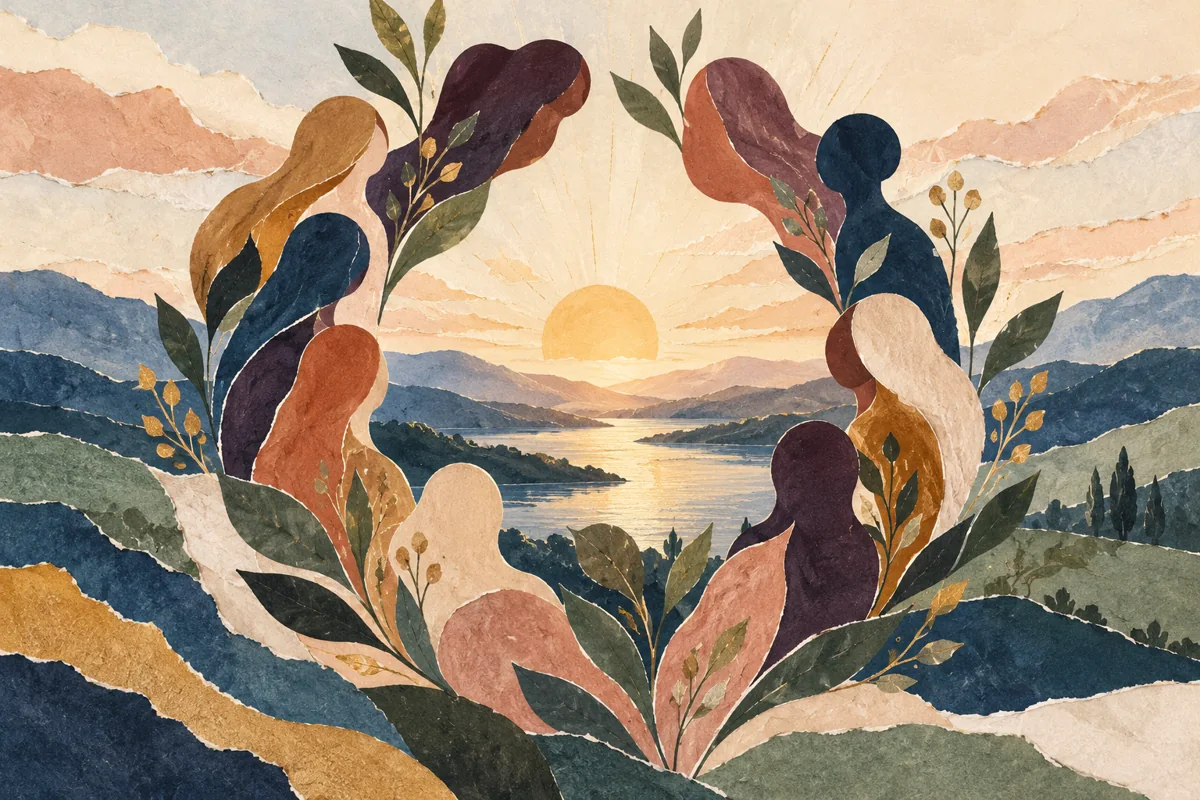 Terracotta forms and leaves rise from an open circle.