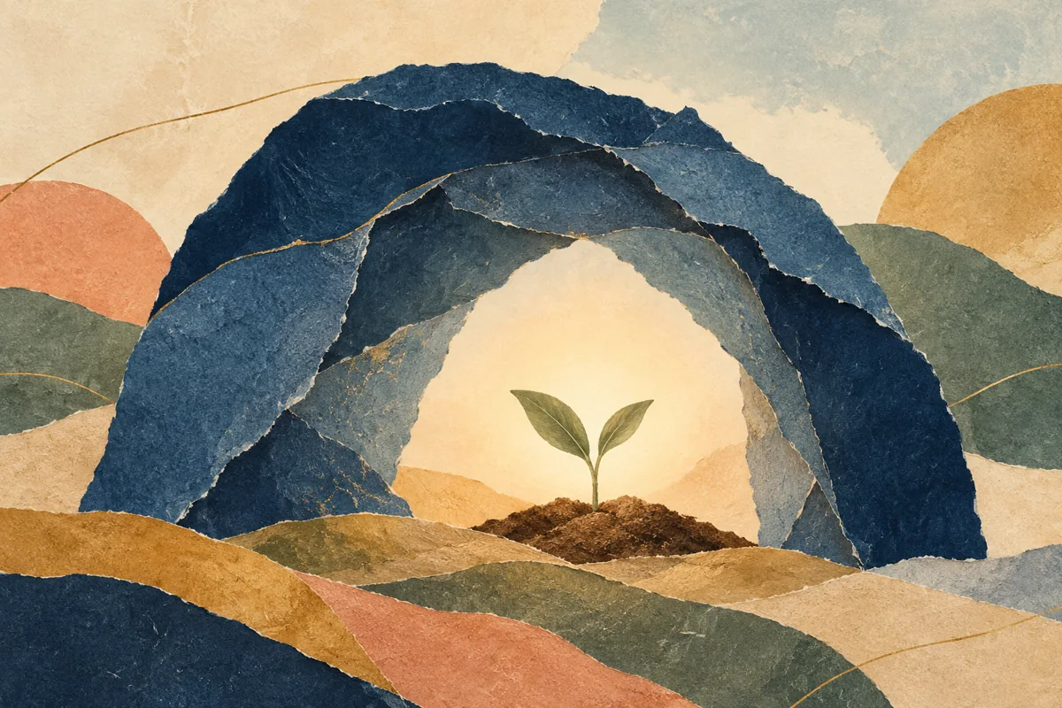 An open arch surrounds a luminous seed with room to grow.